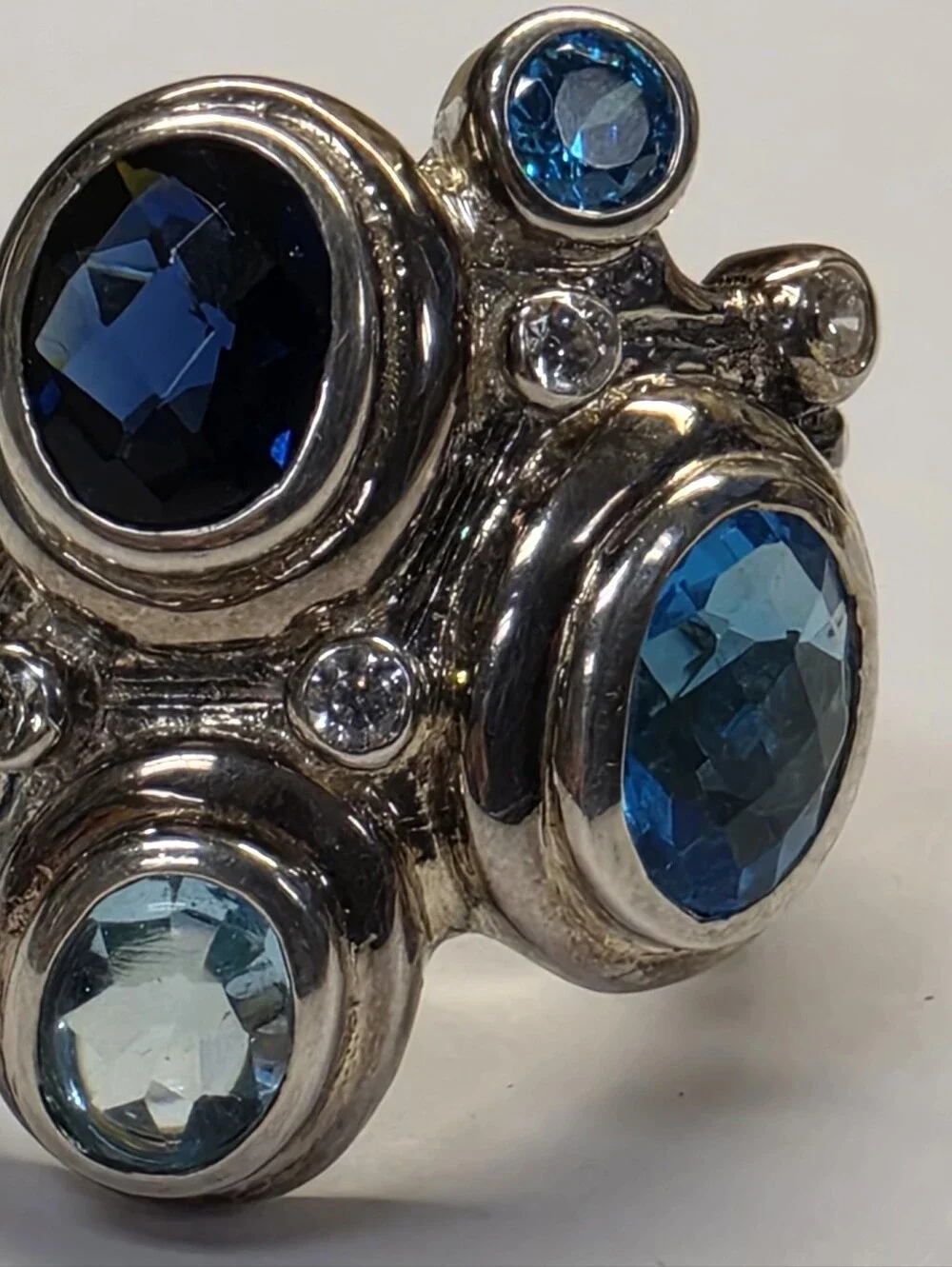 Sterling Silver Mosaic Multi Blue Gemstone Cocktail Ring Size 7.5